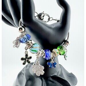 Blue Green Flower Charm Bracelet Chunky Glam Statement Heart Swirl